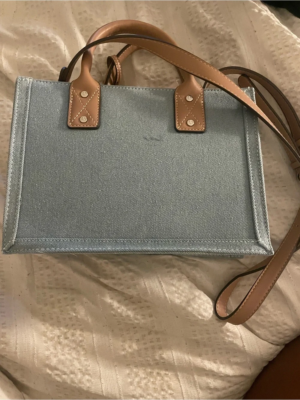 True Religion Light Blue Denim Tote with Tan Leather Accents